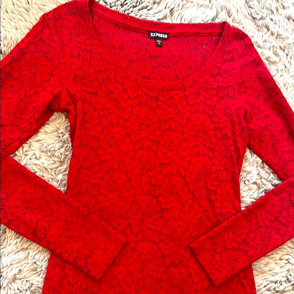 Express Red Fitted Blouse with Long Sleeves